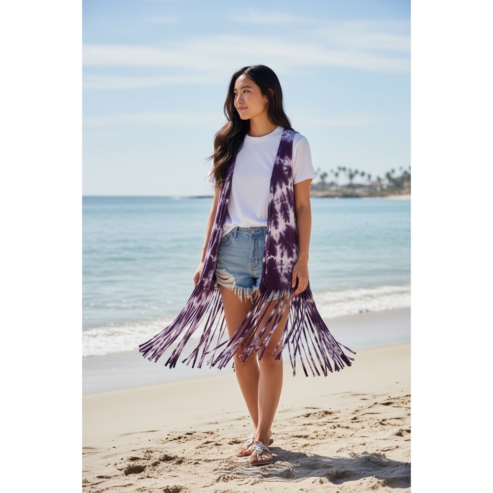 Indigo Thread Co - Women's Purple Tie Dye Fringe Kimono Vest S‎